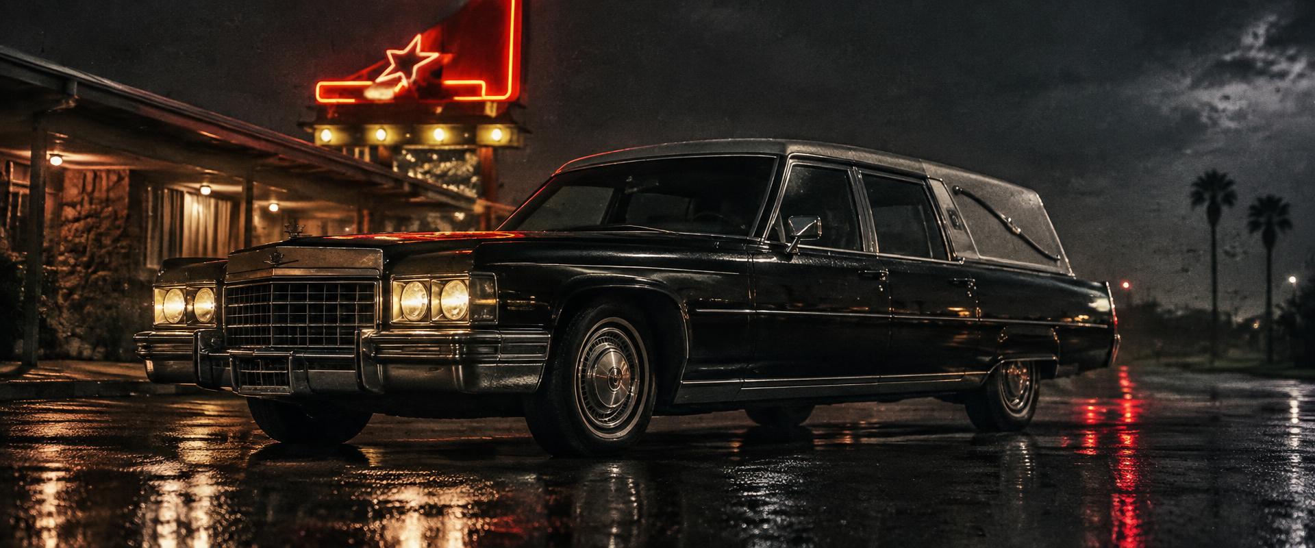 A classic black Cadillac hearse, freshly detailed, under a single parking-lot light